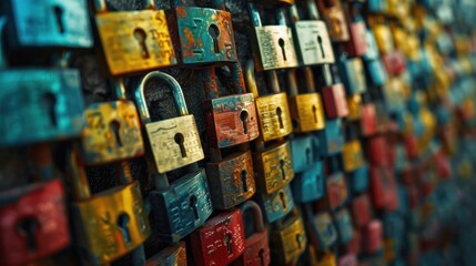 Fototapeta premium A close-up of colorful padlocks attached to a wall, symbolizing love and commitment.