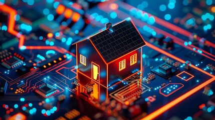 Obraz premium A digital representation of a house on a circuit board, symbolizing smart home technology.