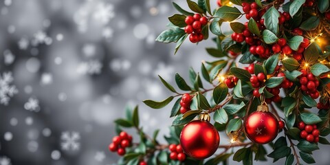 Obraz premium A festive Christmas background with bright ornaments, string lights, and a snowflake garland, gold, celebration