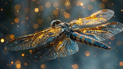 Naklejka premium A close-up of a dragonfly with shimmering wings against a blurred, sparkling background.