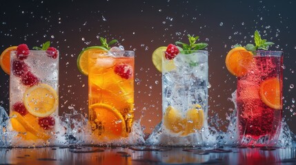 Vibrant cocktails splashing with fruits and mint, showcasing refreshing summer drinks.