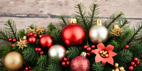 Fototapeta premium A festive Christmas composition featuring lush fir tree branches and an array of holiday ornaments in red, green, and gold hues, bright, gold