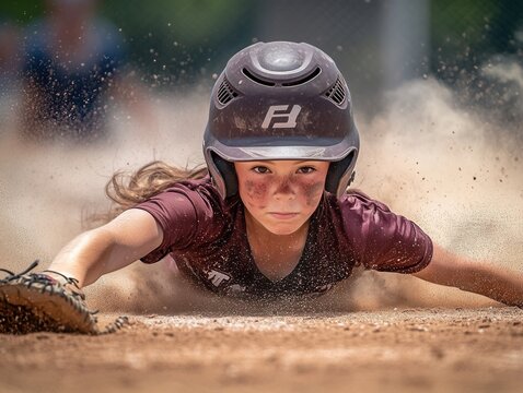 Youth Softball Player Diving, Dust, Action, Speed, Helmet, Game, Dirt, Field, Glove, Intense - Powered by Adobe