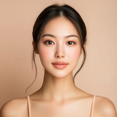 Naklejka premium A young woman with flawless skin, posing in front of a beige background for a product advertisement