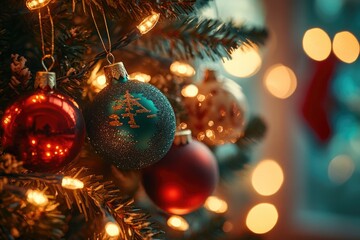 A close-up shot of a Christmas tree's ornaments, ideal for festive and holiday-themed designs