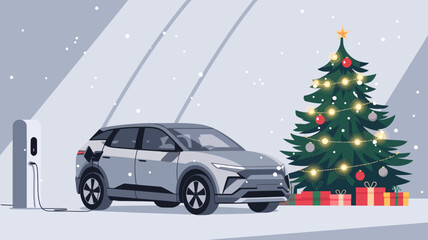 A modern electric vehicle (EV) parked near a festive Christmas tree, adorned with glowing fairy lights, ornaments, and a star at the top.