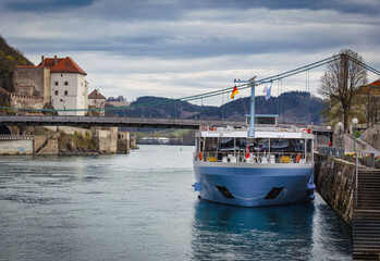 Ship river cruise at the pier in Passau on the river Danube, Germany