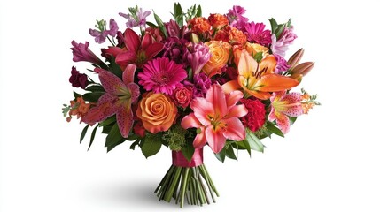 Fototapeta premium A romantic bouquet with roses, lilies, and carnations in vibrant shades of pink, red, and orange.