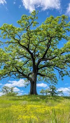 Fototapeta premium A serene grassy hillside under a clear blue sky with a majestic oak tree providing shade