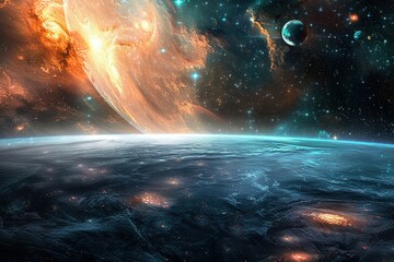 Breathtaking view of a distant planet with a fiery atmosphere and a starry night sky.