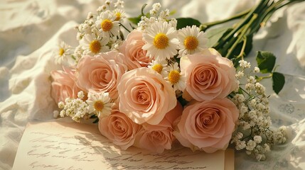 A romantic bouquet with soft pink roses, daisies, and baby's breath, resting on a love letter.