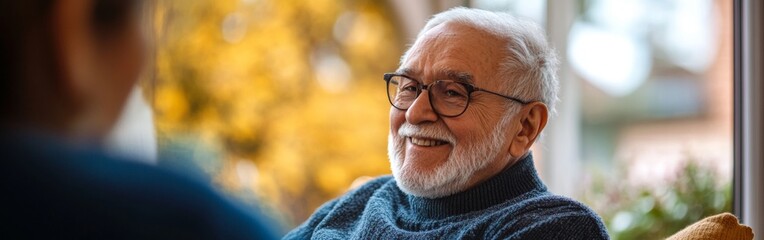 A cheerful elderly man with glasses engages in conversation with a companion. The warm autumn light creates a cozy atmosphere, enhancing the friendly interaction