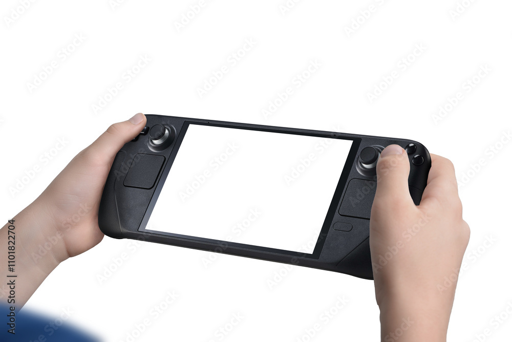 Poster Child holding a handheld gaming console with isolated screen and transparent background, ideal for promoting games