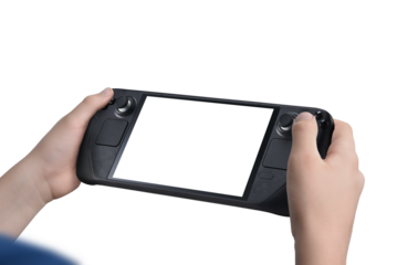 Child holding a handheld gaming console with isolated screen and transparent background, ideal for promoting games