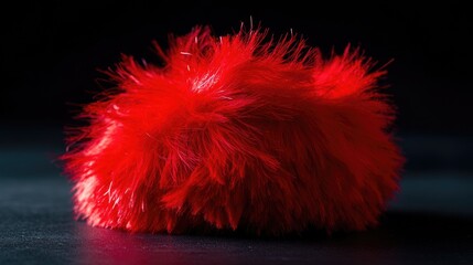 A red fuzzy ball sits on top of a table, offering a pop of color and texture