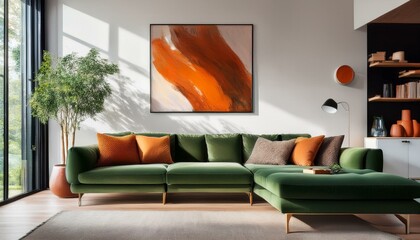 Minimalist, loft interior design of modern elegant living room with neutral green sectional sofa, burnt orange accents, abstract artwork, and cozy textiles.