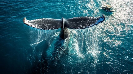 Fototapeta premium Top-down perspective of a humpback whale's tail breaking the surface of the ocean, with a small motorboat cruising at a safe distance.