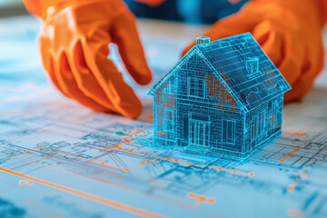 person wearing orange gloves examines digital house model on architectural blueprints, symbolizing modern construction and planning