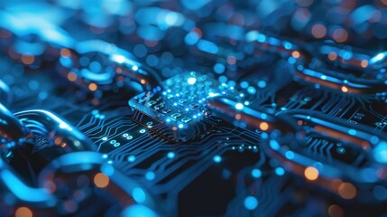 Fototapeta premium A close-up of interconnected chains and a circuit board, symbolizing blockchain technology.