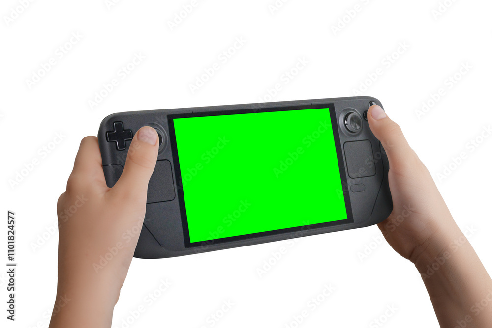 Poster Child holding a handheld gaming console with isolated screen in chroma key and transparent background