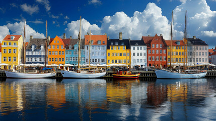 Fototapeta premium Colorful Nyhavn Waterfront, Boats Moored Beside Vibrant Buildings Under a Sunny Sky