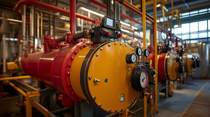 Industrial Facility, Red and Yellow Pressure Vessel with Gauges in a Refinery Setting