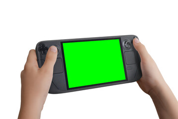 Child holding a handheld gaming console with isolated screen in chroma key and transparent background © Stanisic Vladimir