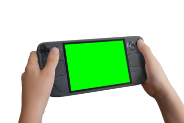 Child holding a handheld gaming console with isolated screen in chroma key and transparent background