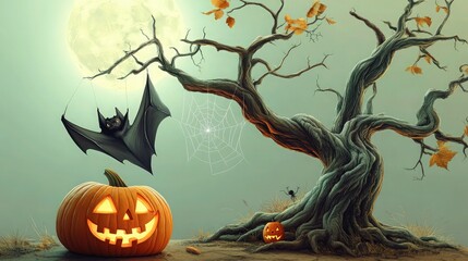 A twisted, leafless tree standing under a pale full moon, with a large bat hanging upside down from one of its branches. 