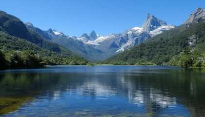 Serene mountain lake with reflective peaks  a picturesque tranquility in nature s embrace