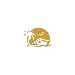 Palm tree and boat vector logo template design