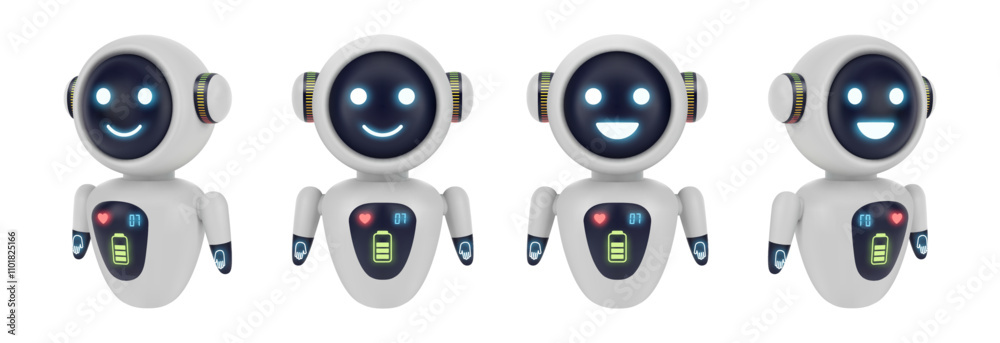 Aufkleber AI helper or virtual friend, isolated set of realistic 3d personage with smile on display. Vector cute characters with head and battery power statistics. Cyborg or android avatar, smiling bot