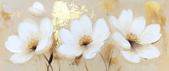 Oil painting, white flowers on a light background, gold foil accents.