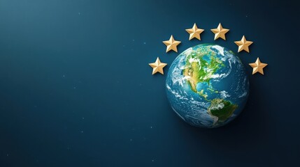 Planet Earth surrounded by golden stars, set against a dark cosmic background, symbolizing global achievement and excellence.