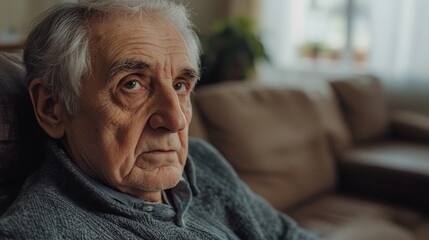 An elderly man, wearing a gray sweater, sits quietly on a couch in a softly lit living room. He appears contemplative, gazing thoughtfully into the distance