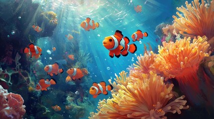 Fototapeta premium A school of clownfish swimming playfully among the tentacles of a sea anemone.