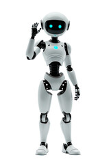 Modern robot shows a greeting gesture, isolated on a white background, bot stands in front