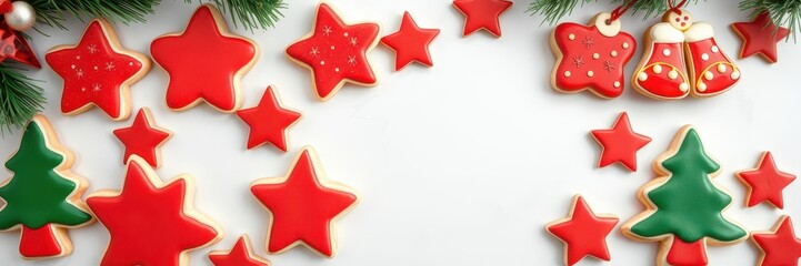 Christmas cookie with red and green icing in festive shapes like stars, trees, and bells, Christmas, icing