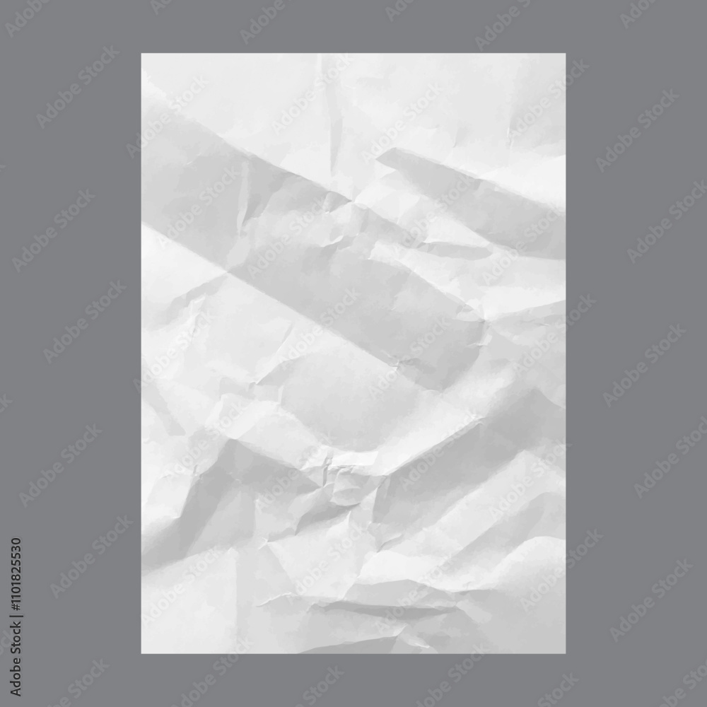 Poster Crumpled and wrinkled empty paper. Vector isolated vintage rough sheet with copy space. Realistic folded stationery or manuscript for drawing or writing. Vertical banner with creased surface