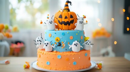 A two-tiered cake with pastel orange and blue colors, featuring cute monster faces and smiling spiders holding miniature candy corn. 