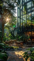 Obraz premium Tranquil and cozy greenhouse setting with lush greenery sun filled glass walls and a charming seating area amidst the natural botanical surroundings