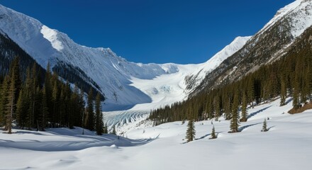 Fototapeta premium Majestic Glacier Valley SnowCovered Peaks, Evergreen Trees, Winter Wonderland