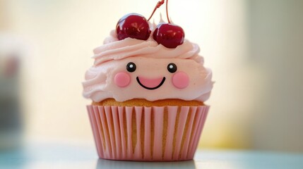 A close-up shot of a delicious-looking cupcake topped with fresh cherries