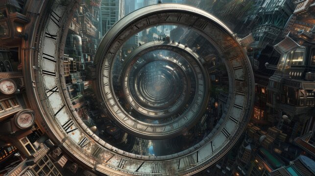A mesmerizing spiral of Roman numeral clocks stretches infinitely through a dense futuristic cityscape. The intricate architecture and metallic details create a surreal and captivating atmosphere