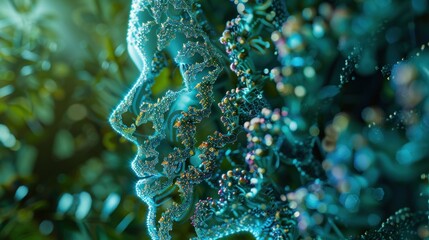 A digital representation of a face formed by intricate molecular structures.