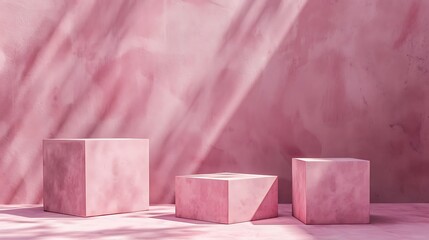 A minimalist scene featuring three pink cubes against a textured pink wall, highlighting shadows and light play.