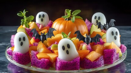 A vibrant fruit salad with ghost-shaped apple slices, dragon fruit bats, and cantaloupe pumpkins, layered on a clear glass platter. 