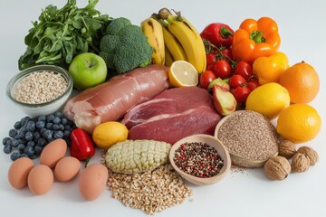 A colorful display of various foods including fruits, vegetables, nuts, eggs, and meat