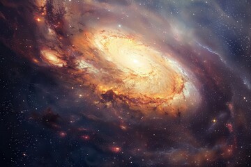 Glowing orange spiral galaxy with bright center and starry space background