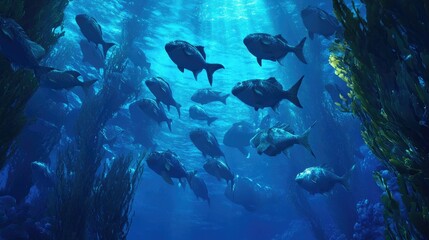 A school of fish navigating through a kelp forest, their movements synchronized in the blue water.